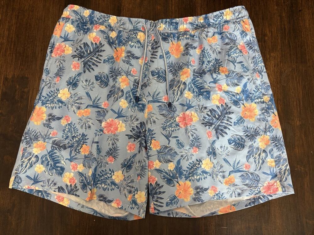 Peter Millar Mens Tropical/ Floral Print Blue Swim Trunks Elastic Waist Size XL